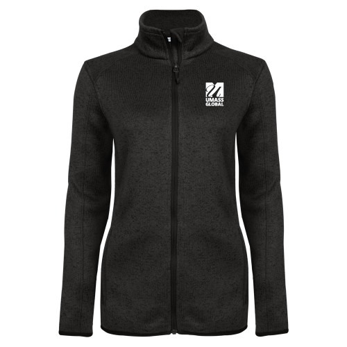  Womens Black Heather Fleece Jacket - UMass Global Primary Logo Stacked