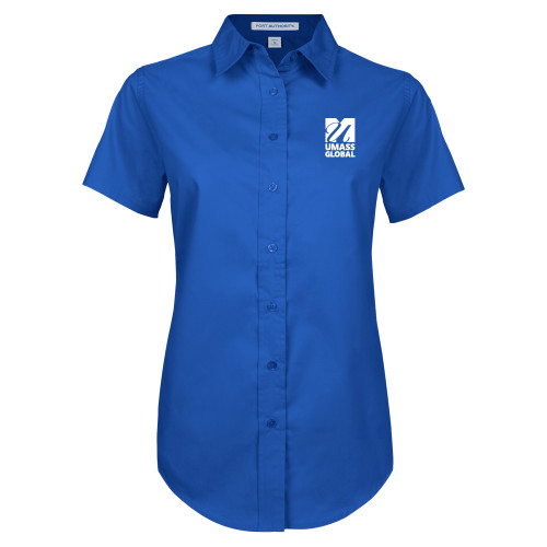  Womens Royal Twill Button Up Short Sleeve  - UMass Global Primary Logo Stacked