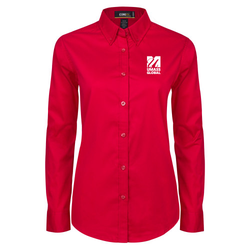  Womens Red Twill Button Down Long Sleeve  - UMass Global Primary Logo Stacked