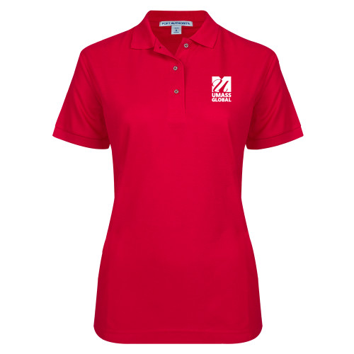  Womens Silk Touch Red Pique Polo - UMass Global Primary Logo Stacked