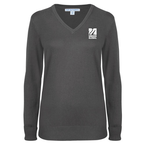  Womens Charcoal Heather VNeck Sweater - UMass Global Primary Logo Stacked