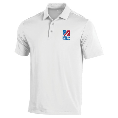  Under Armour White Performance Polo - UMass Global Primary Logo Stacked