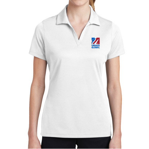  Womens White Dry Mesh Polo - UMass Global Primary Logo Stacked