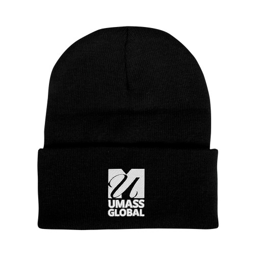  Black Knit Beanie w/Cuff - UMass Global Primary Logo Stacked