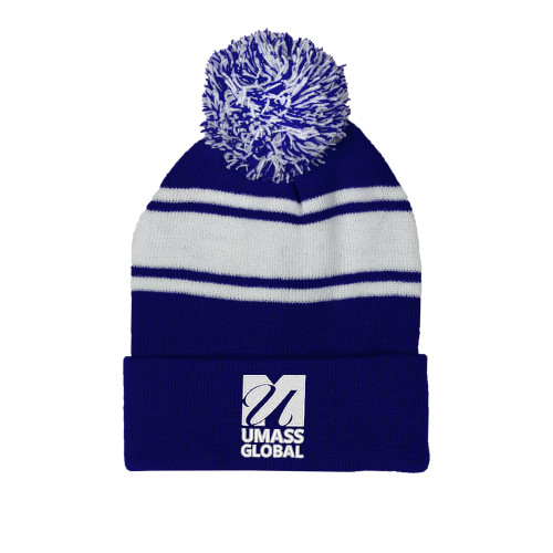  Royal/White Two Tone Knit Pom Beanie w/Cuff - UMass Global Primary Logo Stacked