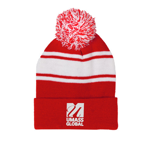  Red/White Two Tone Knit Pom Beanie w/Cuff - UMass Global Primary Logo Stacked