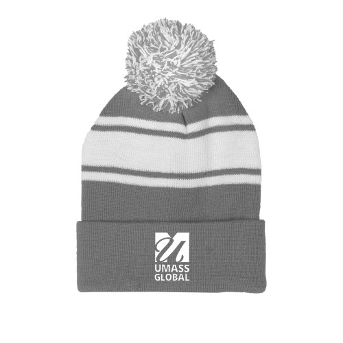  Grey/White Two Tone Knit Pom Beanie w/Cuff - UMass Global Primary Logo Stacked