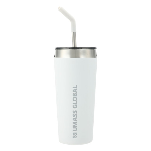  Faye White Vacuum Tumbler w/ Stainless Steel Straw 20 oz - UMass Global Horizontal Logo without Tagline Engraved