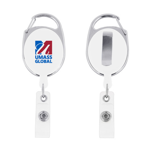  White Oval Retractable Badge Holder w/Clip - UMass Global Primary Logo Stacked