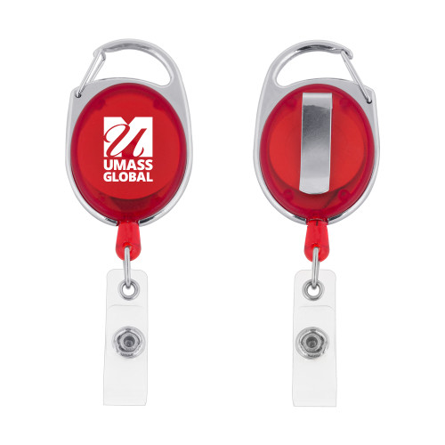  Red Oval Retractable Badge Holder w/Clip - UMass Global Primary Logo Stacked