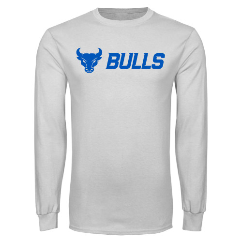  White Long Sleeve T Shirt - Secondary Athletic Mark Bulls Horizontal