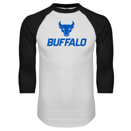  White/Black Raglan Baseball T Shirt - Primary Athletic Mark Stacked