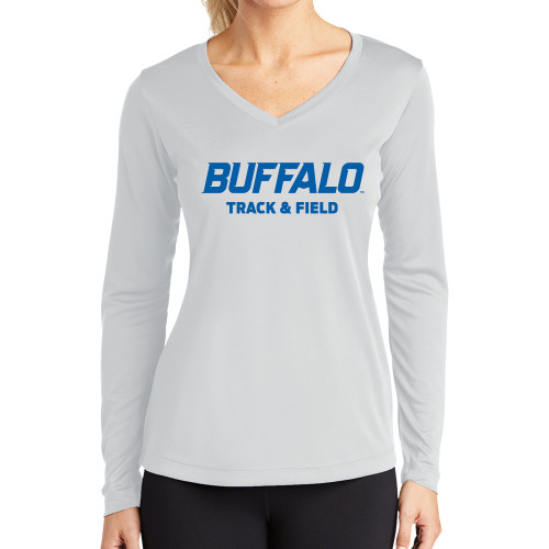  Womens White Performance Long Sleeve V Neck Shirt - Track and Field