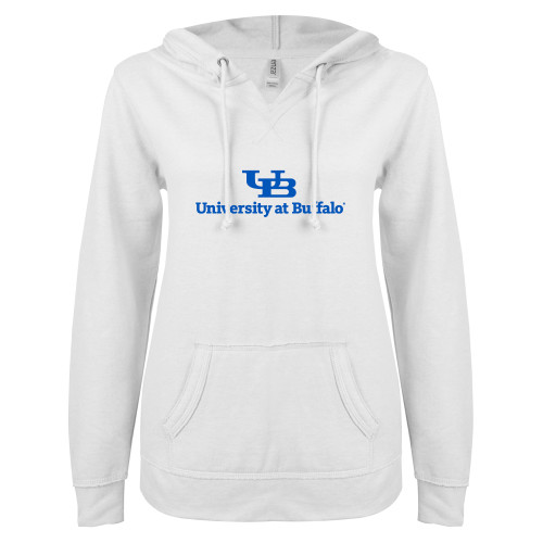  ENZA Womens White V Notch Raw Edge Fleece Hoodie - Primary Lock Up