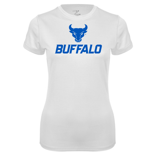  Womens White Performance Tee - Primary Athletic Mark Stacked