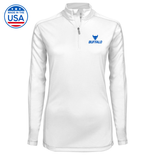  Syntrel Womens White Interlock 1/4 Zip - Primary Athletic Mark Stacked