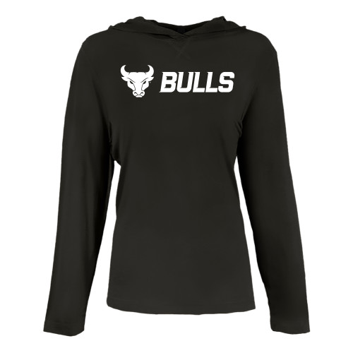  Womens Black Long Sleeve Hooded Tee - Secondary Athletic Mark Bulls Horizontal