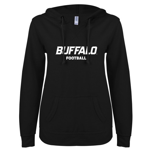  ENZA Womens Black V Notch Raw Edge Fleece Hoodie - Football