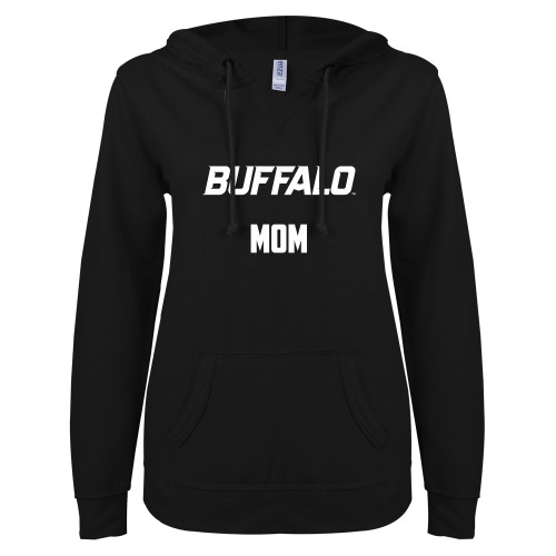 ENZA Womens Black V Notch Raw Edge Fleece Hoodie - Mom