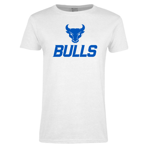  Womens White Short Sleeve Tee - Secondary Athletic Mark Bulls Stacked