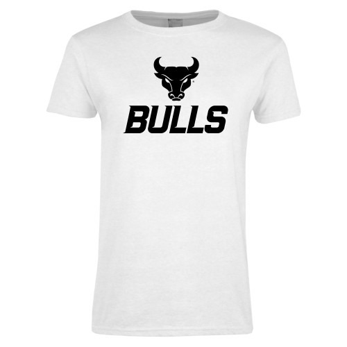  Womens White Short Sleeve Tee - Secondary Athletic Mark Bulls Stacked