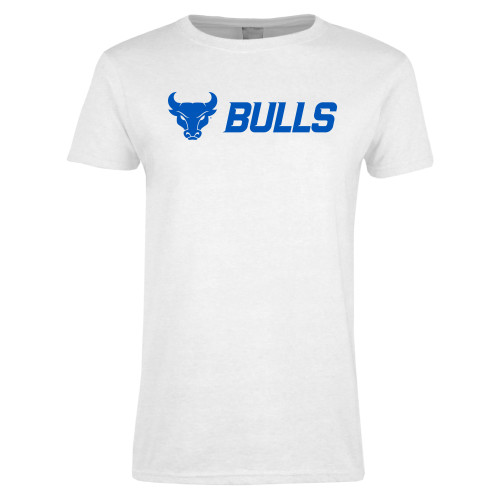  Womens White Short Sleeve Tee - Secondary Athletic Mark Bulls Horizontal