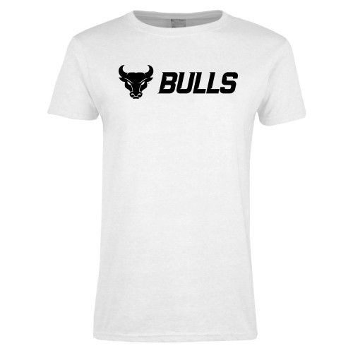  Womens White Short Sleeve Tee - Secondary Athletic Mark Bulls Horizontal