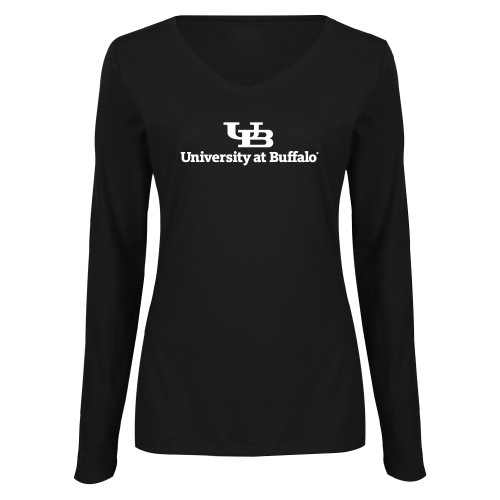  Womens Black Long Sleeve V Neck Tee  - Primary Lock Up