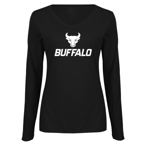  Womens Black Long Sleeve V Neck Tee  - Primary Athletic Mark Stacked