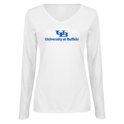  Womens White Long Sleeve V Neck Tee - Primary Lock Up