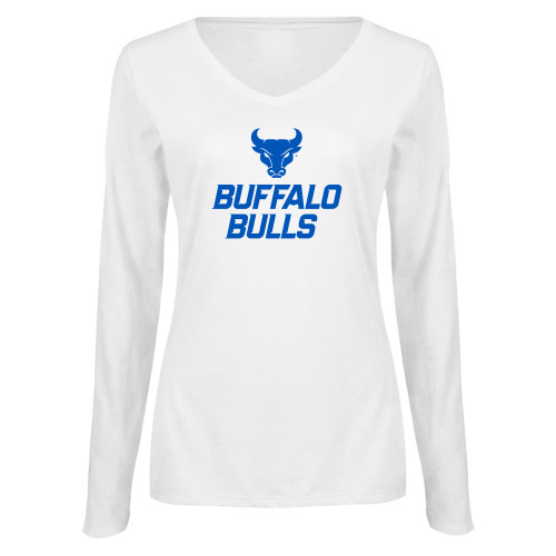  Womens White Long Sleeve V Neck Tee - Secondary Athletic Mark Stacked