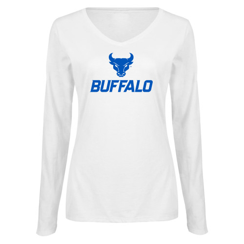  Womens White Long Sleeve V Neck Tee - Primary Athletic Mark Stacked