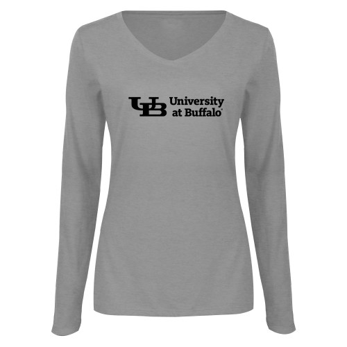  Womens Grey Long Sleeve V Neck Tee  - Secondary Lock Up