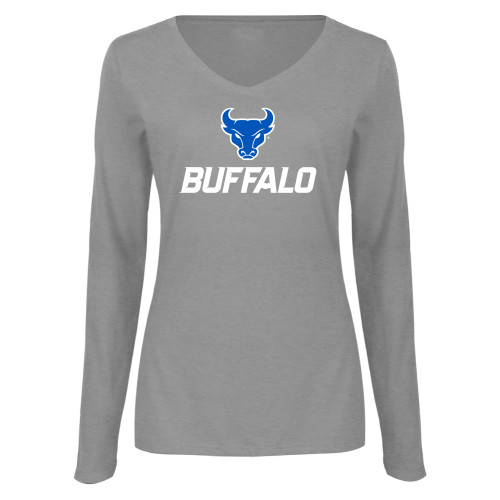  Womens Grey Long Sleeve V Neck Tee  - Two color Primary Athletic Mark