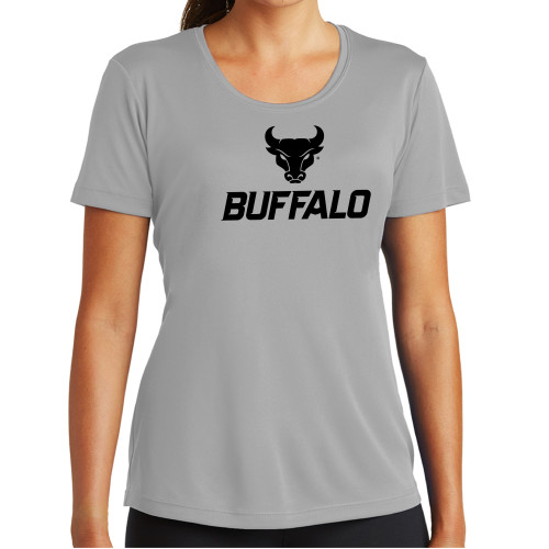  Womens Grey Performance Short Sleeve Tee - Primary Athletic Mark Stacked