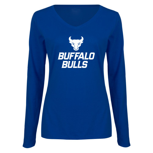  Womens Royal Long Sleeve V Neck Tee  - Secondary Athletic Mark Stacked