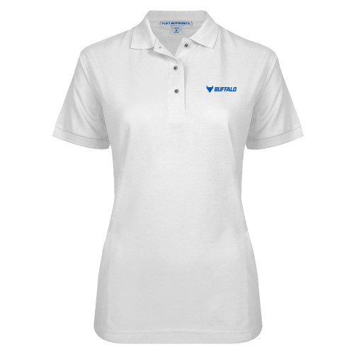  Womens Silk Touch White Pique Polo - Primary Athletic Mark Horizontal