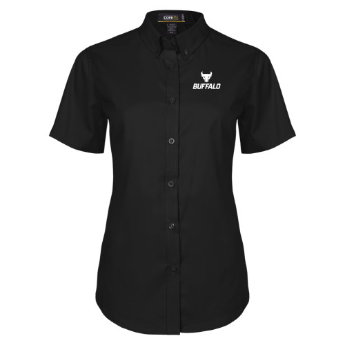  Womens Black Twill Button Up Short Sleeve - Primary Athletic Mark Stacked