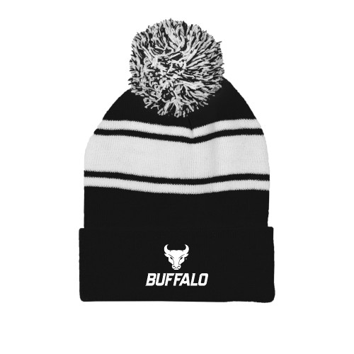  Black/White Two Tone Knit Pom Beanie w/Cuff - Primary Athletic Mark Stacked