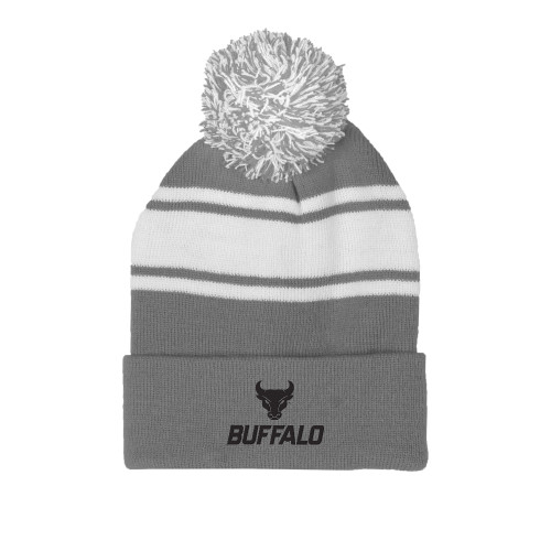  Grey/White Two Tone Knit Pom Beanie w/Cuff - Primary Athletic Mark Stacked