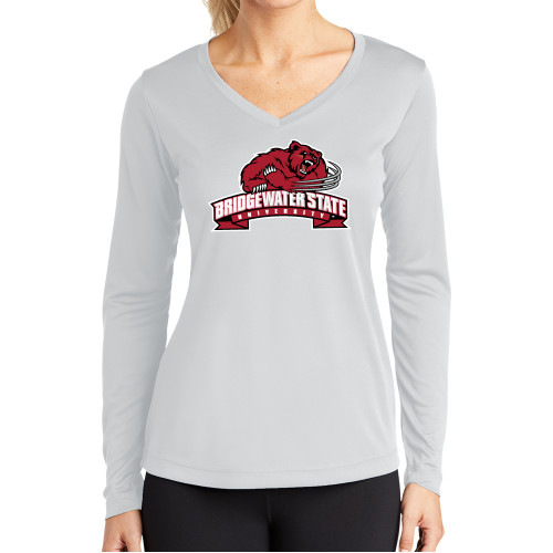  Womens White Performance Long Sleeve V Neck Shirt - Bridgewater State Athletic Mark