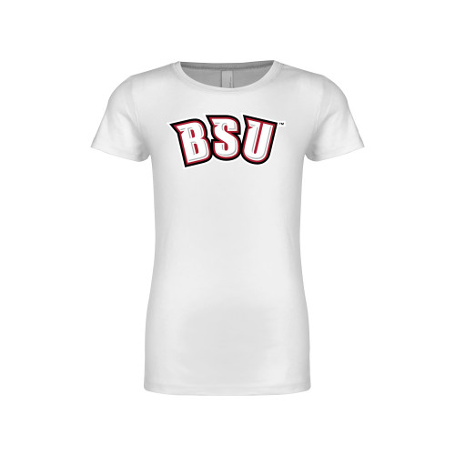  Next Level Girls White Fashion Fit T Shirt - BSU Arched Wordmark