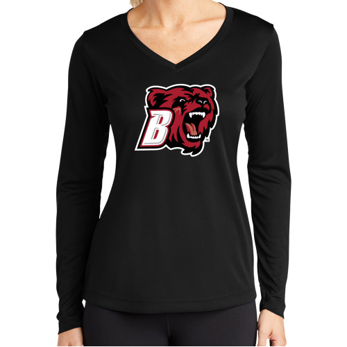  Womens Black Performance Long Sleeve V Neck Shirt - Bridgewater State B Bear Head