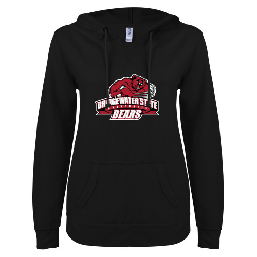  ENZA Womens Black V Notch Raw Edge Fleece Hoodie - Bridgewater State Bears Athletic Mark