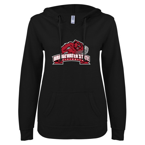  ENZA Womens Black V Notch Raw Edge Fleece Hoodie - Bridgewater State Athletic Mark