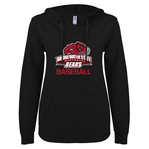  ENZA Womens Black V Notch Raw Edge Fleece Hoodie - Baseball - Bridgewater State