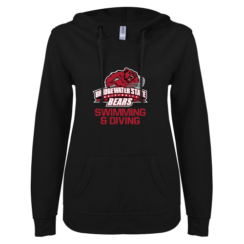  ENZA Womens Black V Notch Raw Edge Fleece Hoodie - Swimming and Diving - Bridgewater State