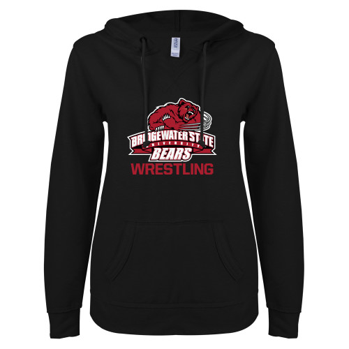  ENZA Womens Black V Notch Raw Edge Fleece Hoodie - Wrestling - Bridgewater State