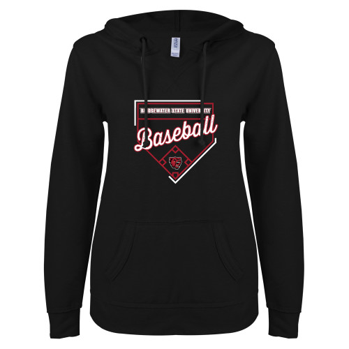  ENZA Womens Black V Notch Raw Edge Fleece Hoodie - Baseball with Field Outline - BSU