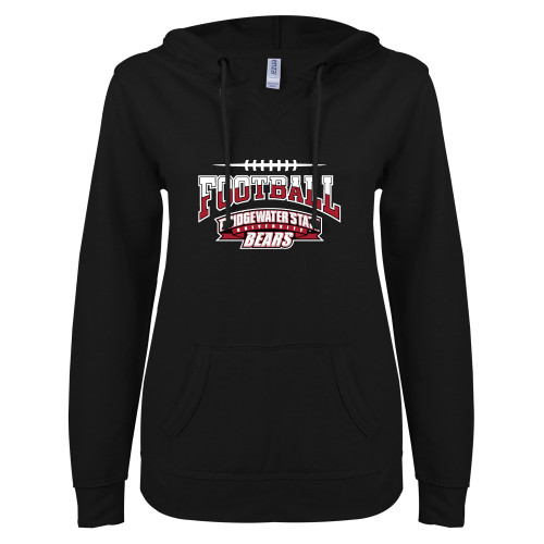  ENZA Womens Black V Notch Raw Edge Fleece Hoodie - Football Arched with Threads - BSU